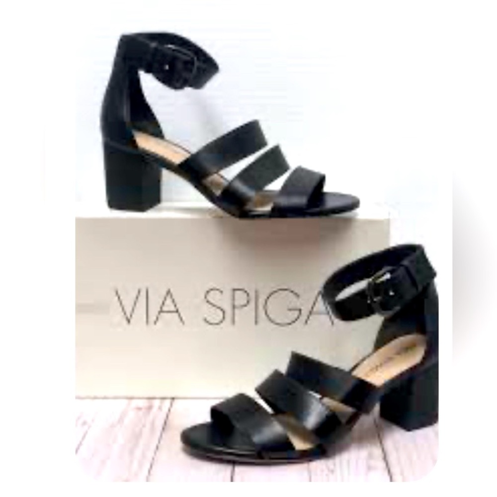 VIA SPIGA Women’s 8M Yummy Black Leather Strappy Chunky Heel Sandal